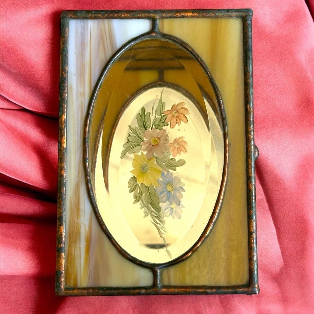 Vintage Stained Glass Jewelry Box with Mirror and Hand Painted Flowers